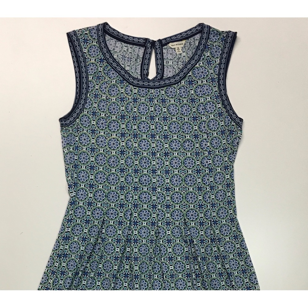 Max Studio A-Line Dress Womens Medium Blue Floral Polyester Stretch Scoop Neck